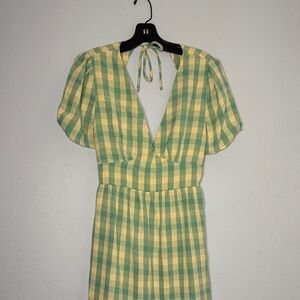 Stella Dallas Backless Plaid Dress in Greenish/blue and Cream